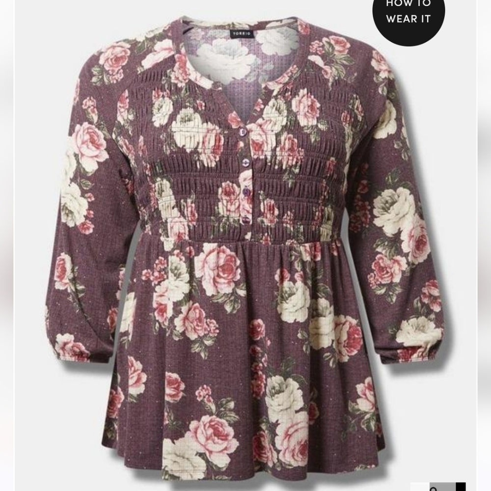 🆕️FLORAL TEXTURE JERSEY RAGLAN SMOCKED HENLEY BABYDOLL